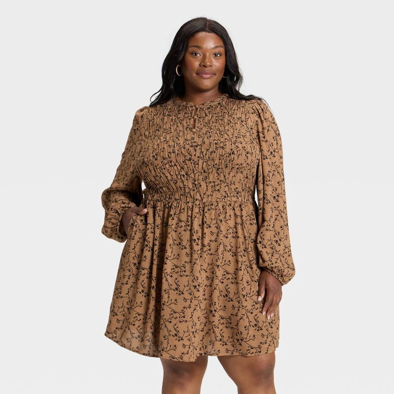 slide 1 of 3, Women's Bishop Long Sleeve Button-Up Smocked Mini Dress - Ava & Viv™ Tan Floral 1X, 1 ct