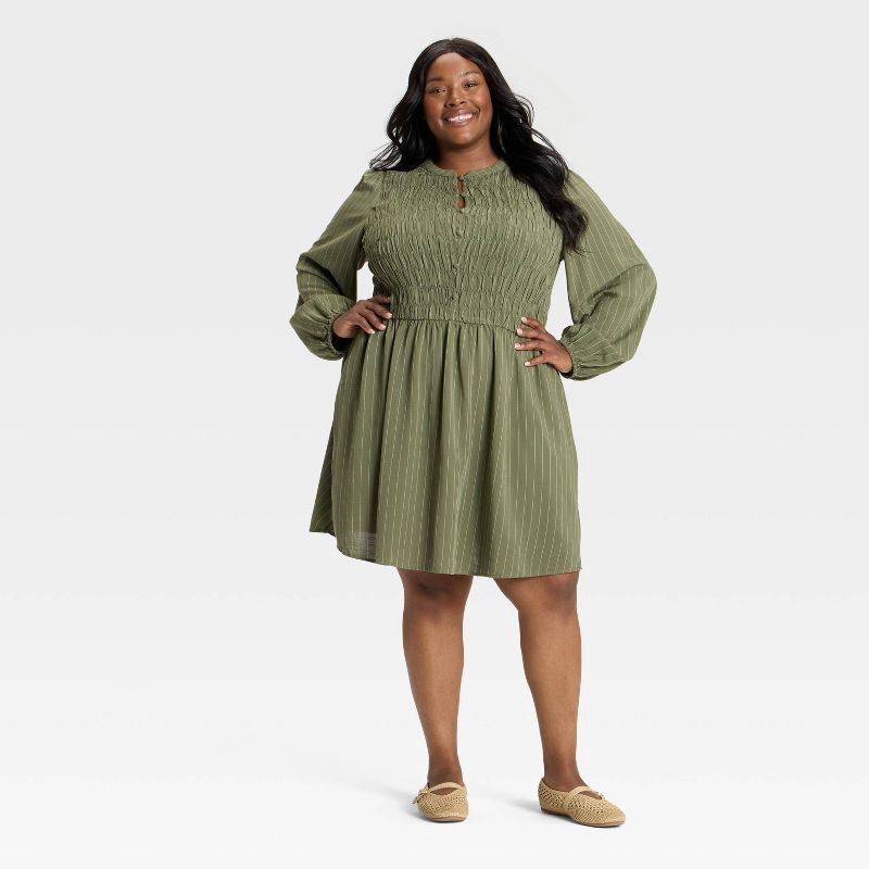 slide 3 of 3, Women's Bishop Long Sleeve Button-Up Smocked Mini Dress - Ava & Viv™ Olive Green Pinstripe 1X, 1 ct
