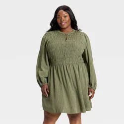 Women's Bishop Long Sleeve Button-Up Smocked Mini Dress - Ava & Viv™ Olive Green Pinstripe 1X