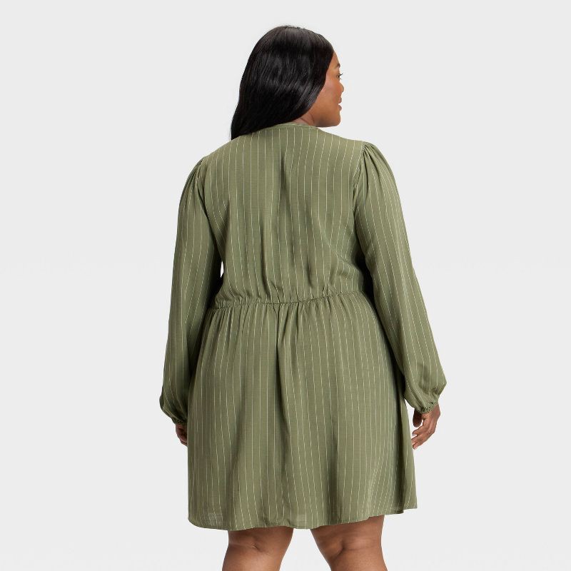 slide 2 of 3, Women's Bishop Long Sleeve Button-Up Smocked Mini Dress - Ava & Viv™ Olive Green Pinstripe 2X, 1 ct