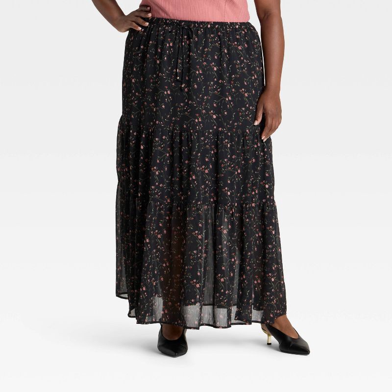 slide 1 of 3, Women's Chiffon Maxi A-Line Skirt - Ava & Viv™ Black Floral 1X, 1 ct