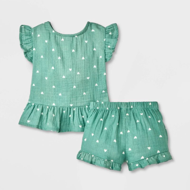 slide 2 of 4, Baby Girls' Ruffle Sleeve Heart Gauze Shorts Set - Cat & Jack™ Green 3-6M, 1 ct