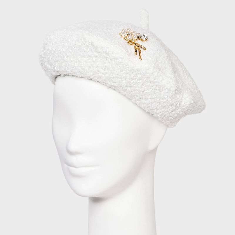 slide 4 of 4, Pearl Embellished Beret Hat - A New Day™ White, 1 ct