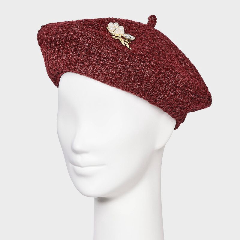 slide 2 of 4, Pearl Embellished Beret Hat - A New Day™ Burgundy, 1 ct