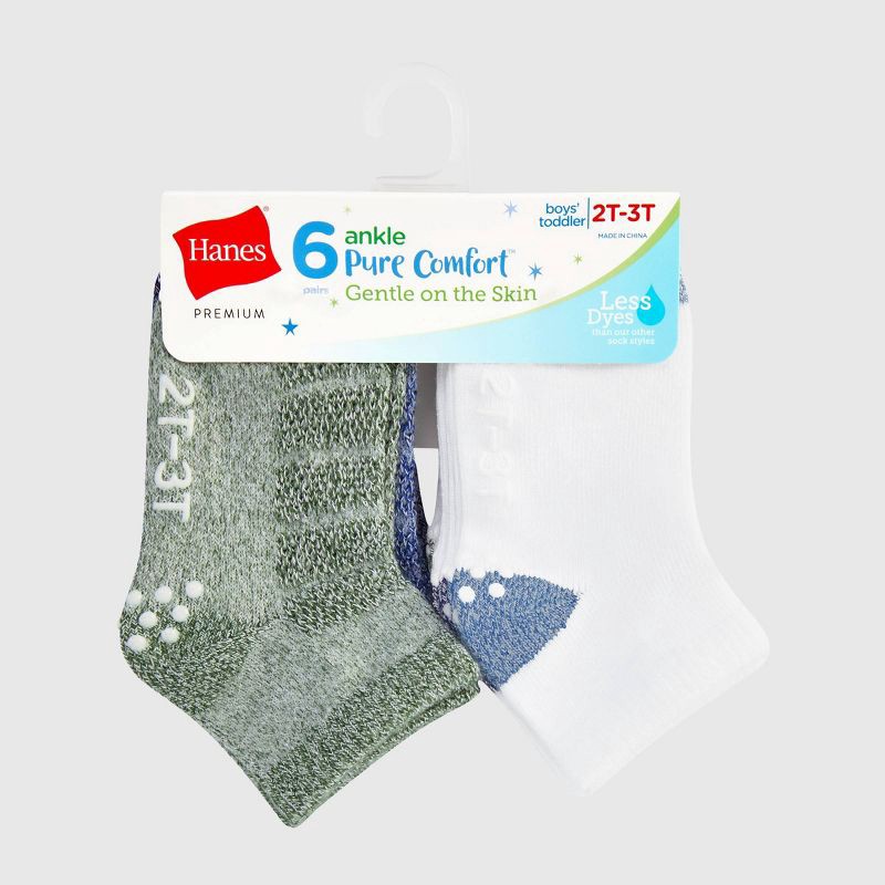 slide 2 of 6, Hanes Toddler Boys' 6pk Pure Comfort Ankle Socks - White/Green/Blue 4T-5T, 6 ct