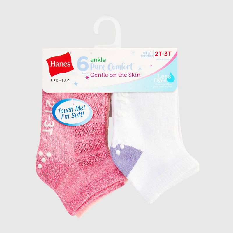slide 2 of 6, Hanes Toddler Girls' 6pk Pure Comfort Ankle Socks - White/Pink/Blue 2T-3T, 6 ct