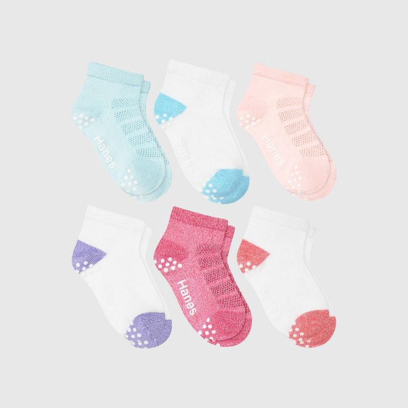 slide 5 of 6, Hanes Toddler Girls' 6pk Pure Comfort Ankle Socks - White/Pink/Blue 4T-5T, 6 ct