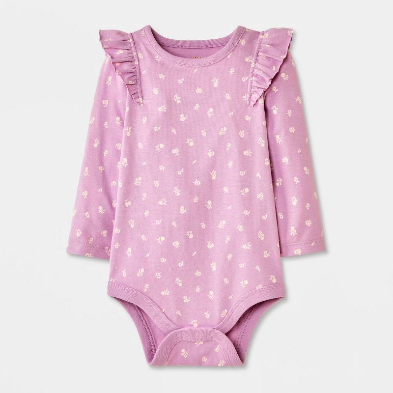 slide 1 of 4, Baby Girls' Floral Ruffle Bodysuit - Cat & Jack™ Purple 12M, 1 ct