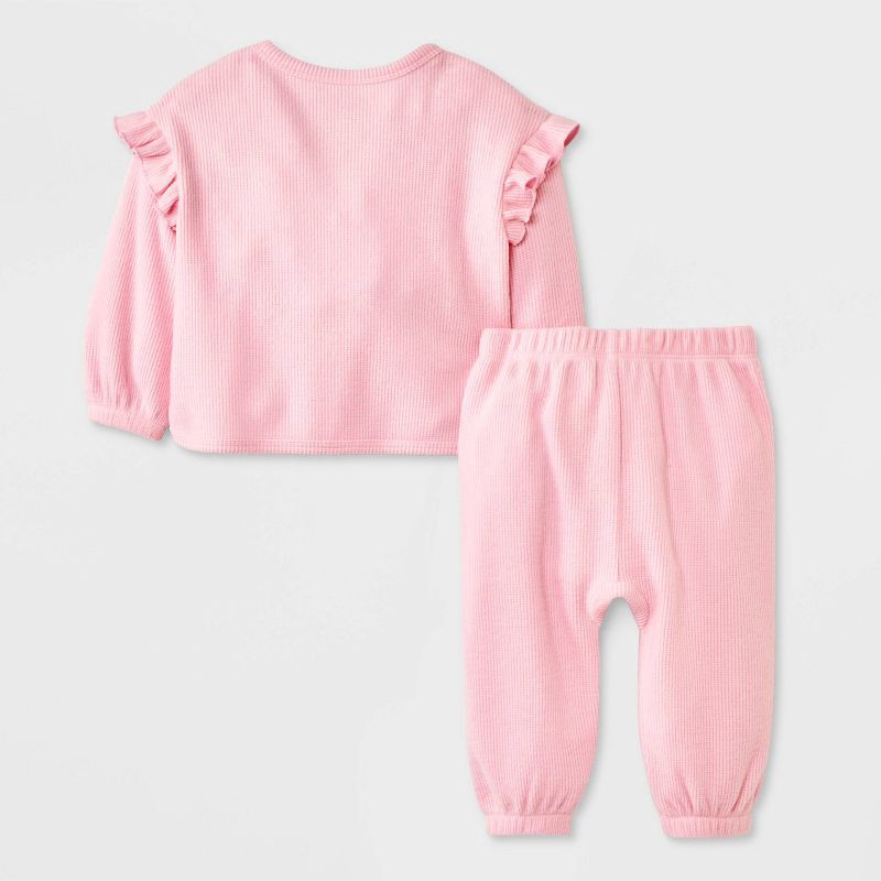 slide 3 of 4, Baby Girls' 2pc Ruffle Cozy Thermal Sweatshirt & Jogger Pants Set - Cat & Jack™ Pink 18M, 2 ct