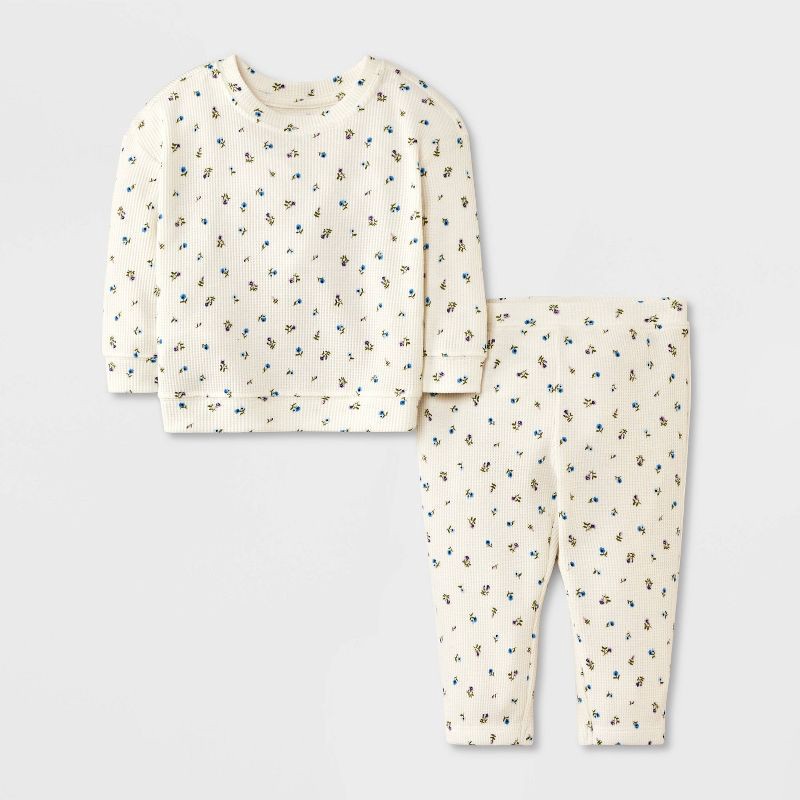 slide 1 of 4, Baby Girls' Floral Waffle Sweatshirt & Jogger Pants Set - Cat & Jack™ Cream 6-9M, 1 ct