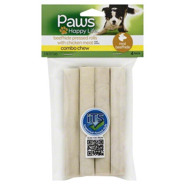 slide 1 of 6, Paws Happy Life Natural Pressed Bone W/Chicken Nugget Filling 5 in Beefhide Chew, 4 ct