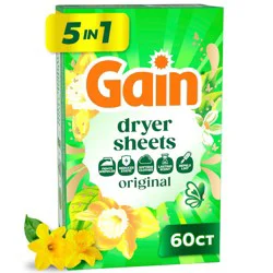 Gain Original Dryer Sheets - 60ct: Bleach-Free, Box Container, Fabric Softener