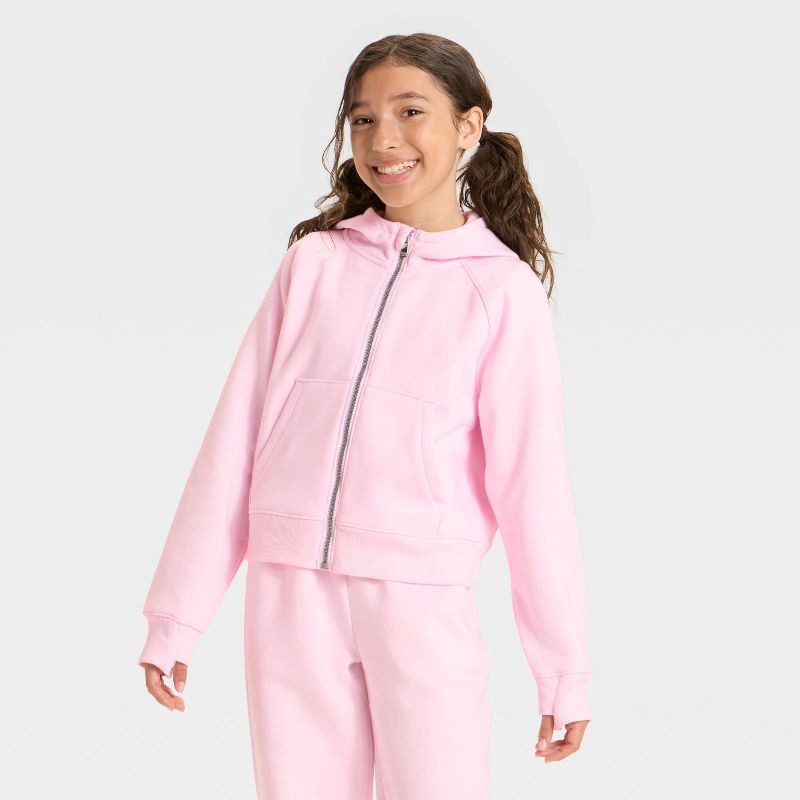 slide 1 of 3, Girls' Active Comfort Full-Zip Hooded Sweatshirt - All In Motion™ Light Pink XL, 1 ct