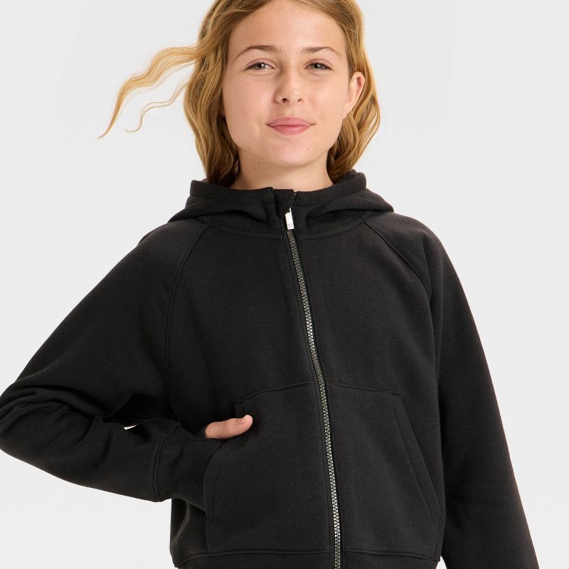 slide 3 of 3, Girls' Active Comfort Full-Zip Hooded Sweatshirt - All In Motion™ Black XS, 1 ct