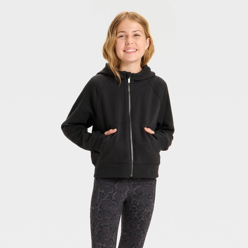 slide 1 of 3, Girls' Active Comfort Full-Zip Hooded Sweatshirt - All In Motion™ Black XS, 1 ct