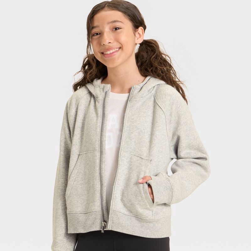 slide 3 of 3, Girls' Active Comfort Fleece Full-Zip Hoodie Sweatshirt - All In Motion™ Heather Gray M, 1 ct