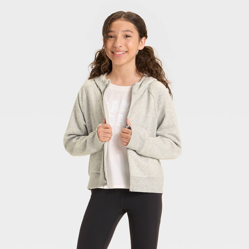 slide 1 of 3, Girls' Active Comfort Fleece Full-Zip Hoodie Sweatshirt - All In Motion™ Heather Gray M, 1 ct