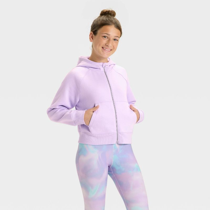 slide 1 of 3, Girls' Active Comfort Full-Zip Hooded Sweatshirt - All In Motion™ Lilac Purple S, 1 ct
