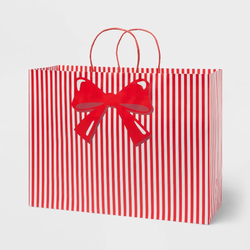 slide 1 of 3, XL Striped Bow Christmas Gift Bag Red/White - Spritz™, 1 ct