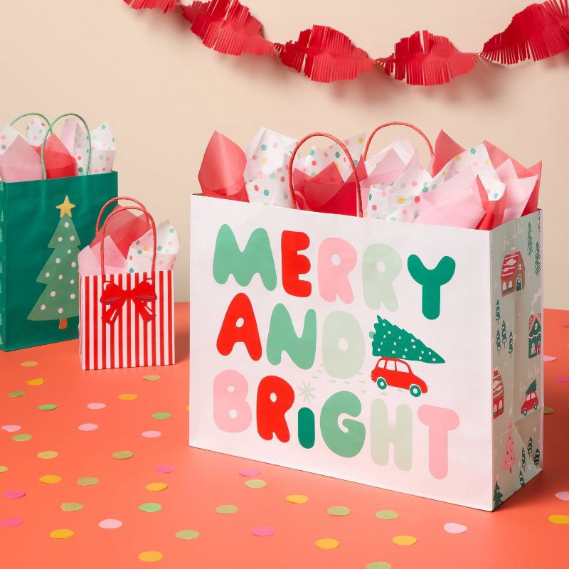slide 2 of 3, XL 'Merry and Bright' Christmas Gift Bag White - Spritz™, 1 ct