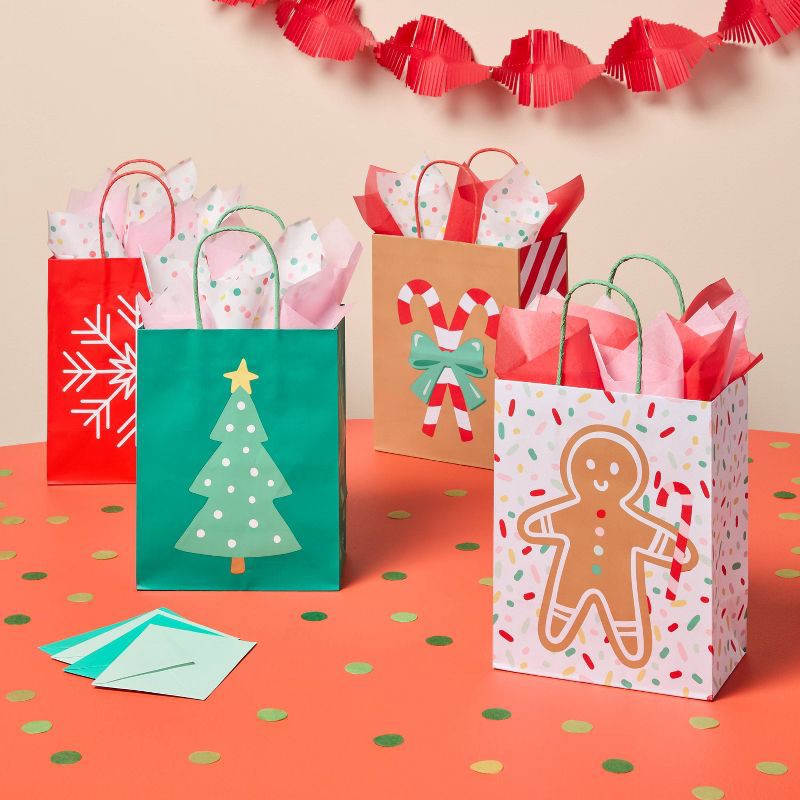 slide 2 of 3, 4pk Small Holiday Icons Christmas Gift Bag White/Green/Red - Spritz™, 4 ct