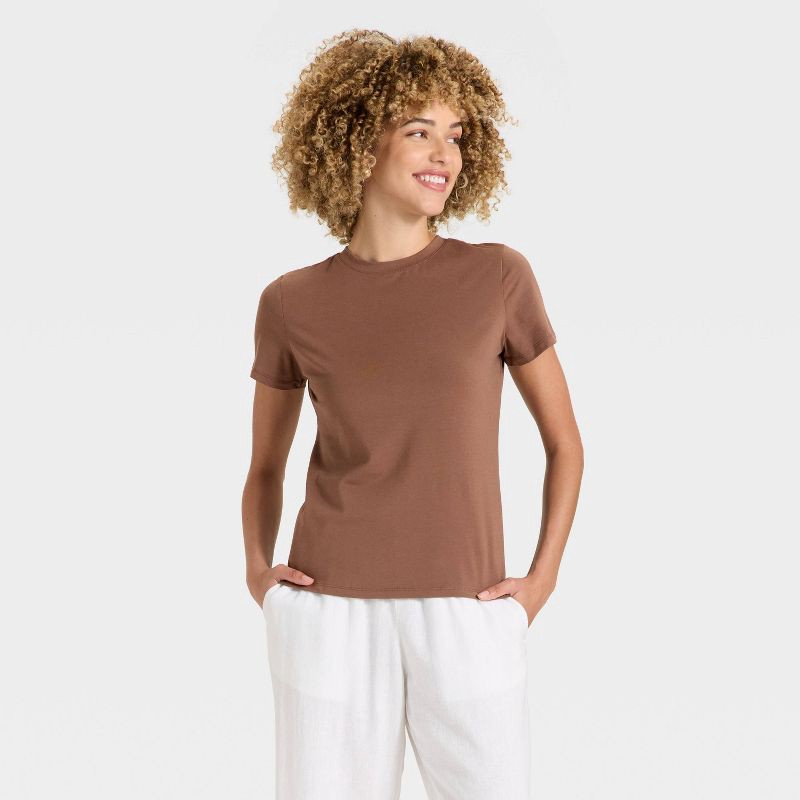slide 1 of 4, Women's Short Sleeve T-Shirt - A New Day™ Brown L, 1 ct