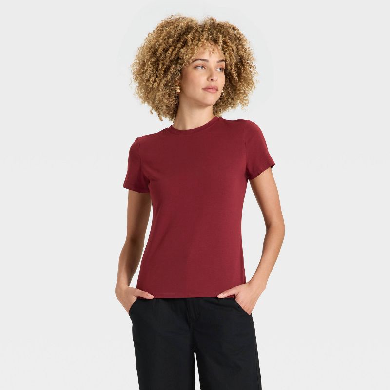 slide 1 of 4, Women's Short Sleeve T-Shirt - A New Day™ Maroon M, 1 ct