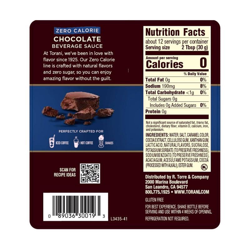 slide 2 of 6, Torani Zero Calorie Sugar Free Chocolate Sauce for Coffee Lattes and Milkshakes - 12.8oz, 12.8 oz
