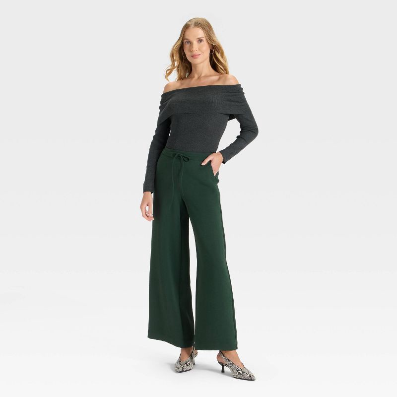 slide 3 of 3, Women's Wide Leg Signature Crepe Pull-On Pants - A New Day™ Green S, 1 ct