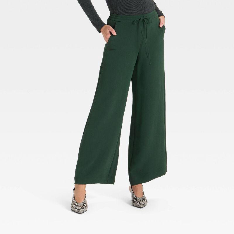 slide 1 of 3, Women's Wide Leg Signature Crepe Pull-On Pants - A New Day™ Green L, 1 ct