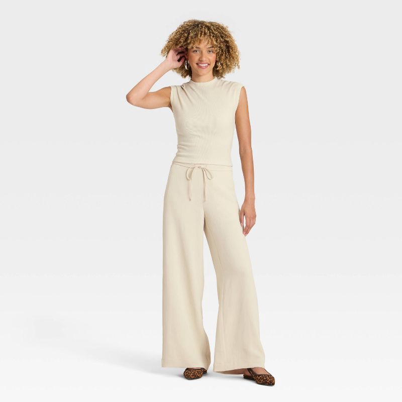 slide 3 of 3, Women's Wide Leg Signature Crepe Pull-On Pants - A New Day™ Cream L, 1 ct