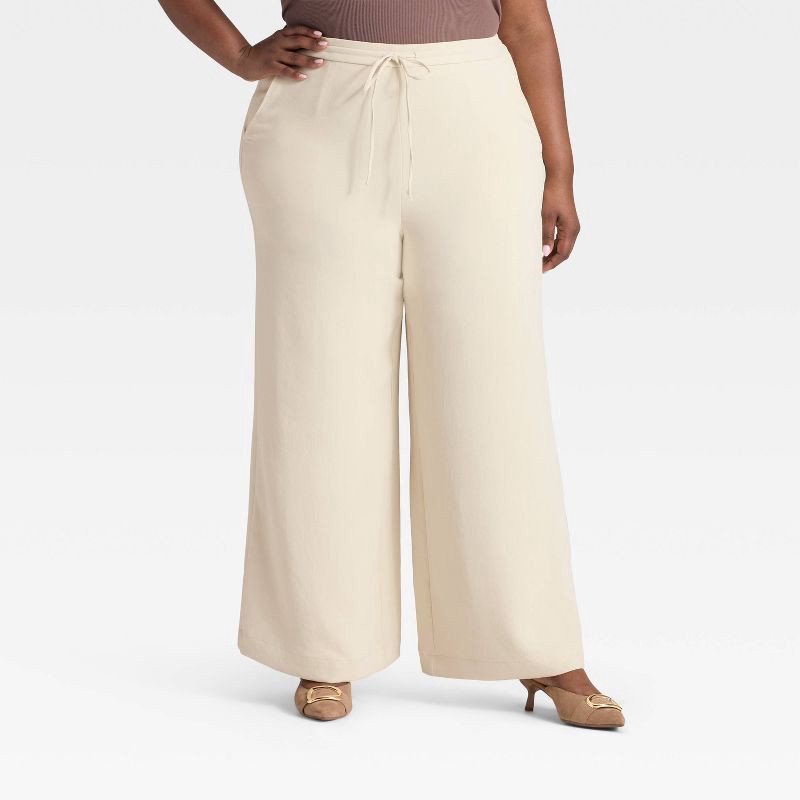 slide 1 of 3, Women's Wide Leg Signature Crepe Pull-On Pants - A New Day™ Cream XXL, 1 ct