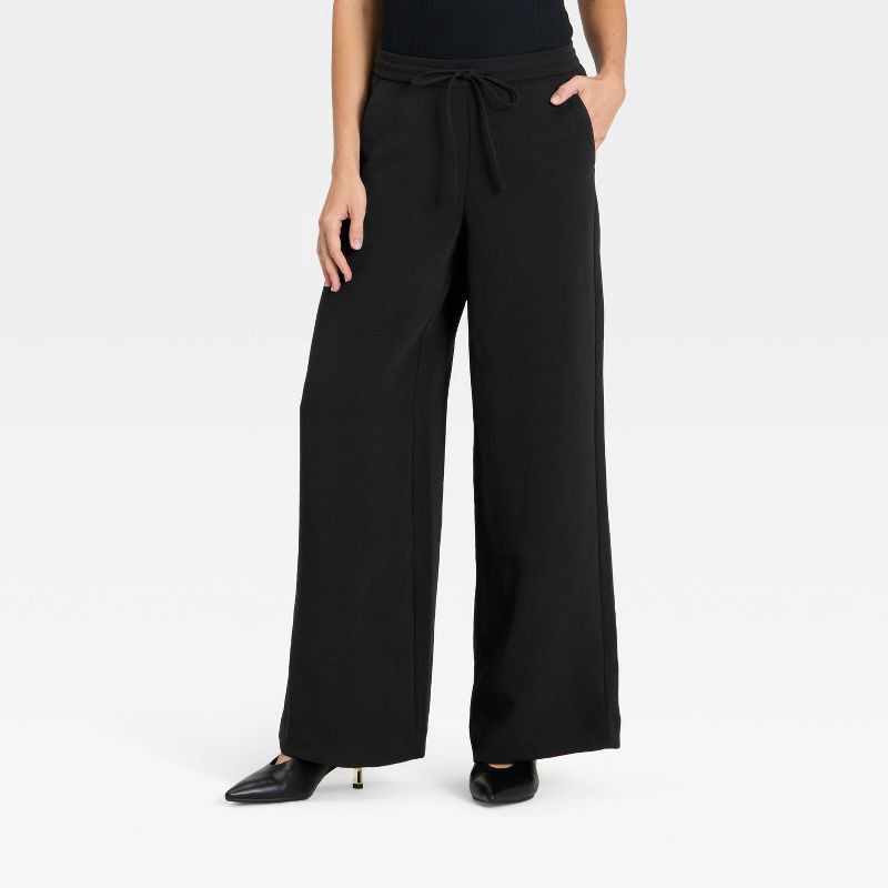 slide 1 of 3, Women's Wide Leg Signature Crepe Pull-On Pants - A New Day™ Black M, 1 ct