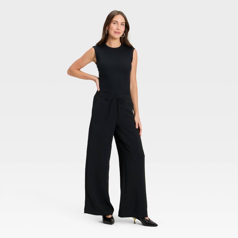 slide 3 of 3, Women's Wide Leg Signature Crepe Pull-On Pants - A New Day™ Black XL, 1 ct