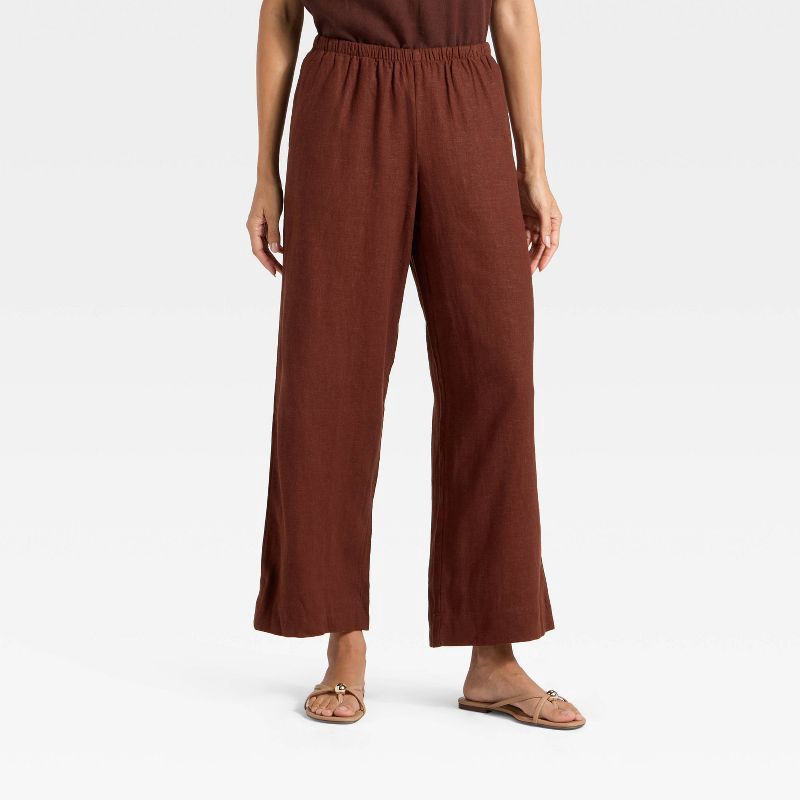 slide 1 of 3, Women's Mid-Rise Wide Leg Linen Pull-On Pants - A New Day™ Light Brown S, 1 ct