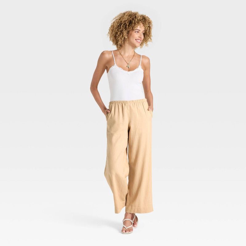 slide 3 of 3, Women's Mid-Rise Wide Leg Linen Pull-On Pants - A New Day™ Tan M, 1 ct