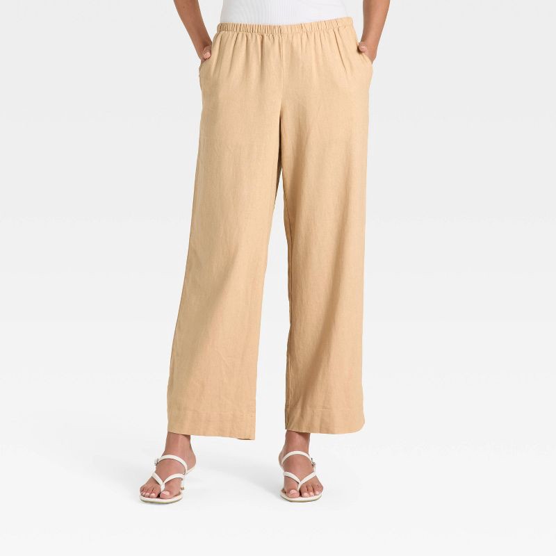 slide 1 of 3, Women's Mid-Rise Wide Leg Linen Pull-On Pants - A New Day™ Tan M, 1 ct