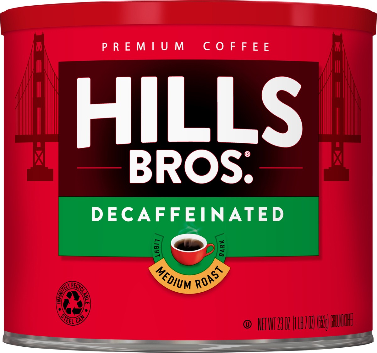 slide 3 of 7, Hills Bros. Decaffeinated Medium Roast Ground Coffee 23 oz. Can, 23 oz