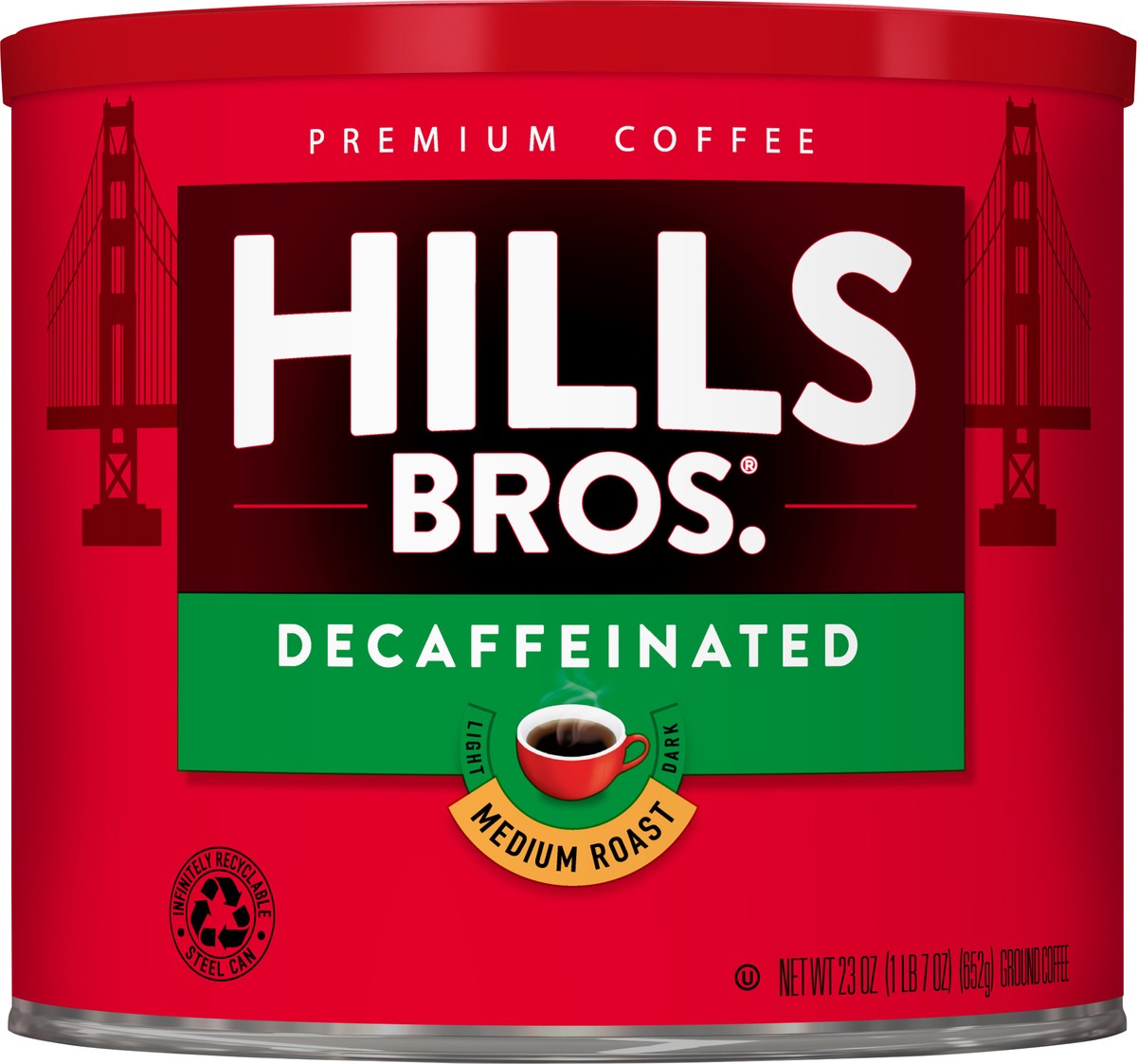 slide 4 of 7, Hills Bros. Decaffeinated Medium Roast Ground Coffee 23 oz. Can, 23 oz