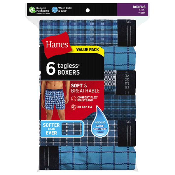 slide 1 of 1, Hanes Men's Tagless Woven Boxers, Assorted, Large, 6 ct