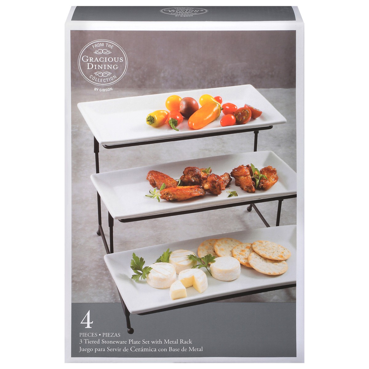 slide 1 of 9, Gibson Home Gracious Dining Collection 3 Tiered Stoneware White Serving Tray Set with Metal Stand 1 ea, 1 ct