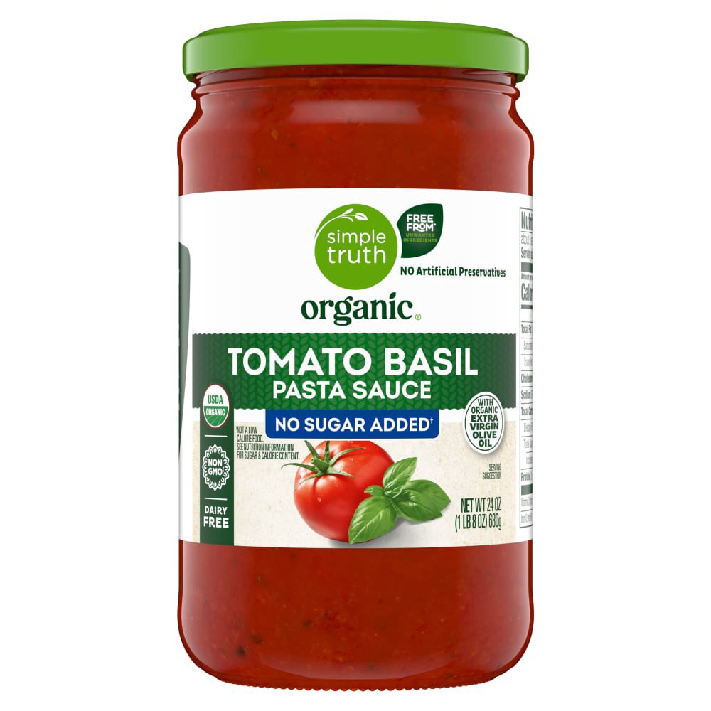 slide 1 of 4, Simple Truth Organic® No Sugar Added Tomato Basil Pasta Sauce, 24 oz