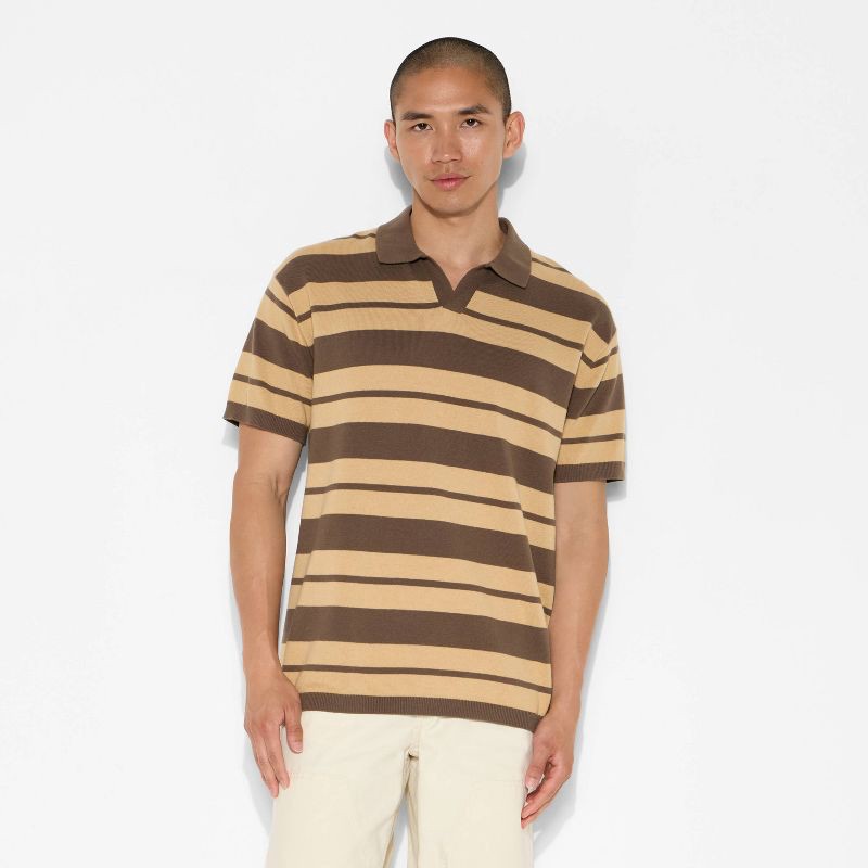 slide 2 of 3, Men's Short Sleeve Johnny Collar Sweater - Original Use™ Brown Striped M, 1 ct