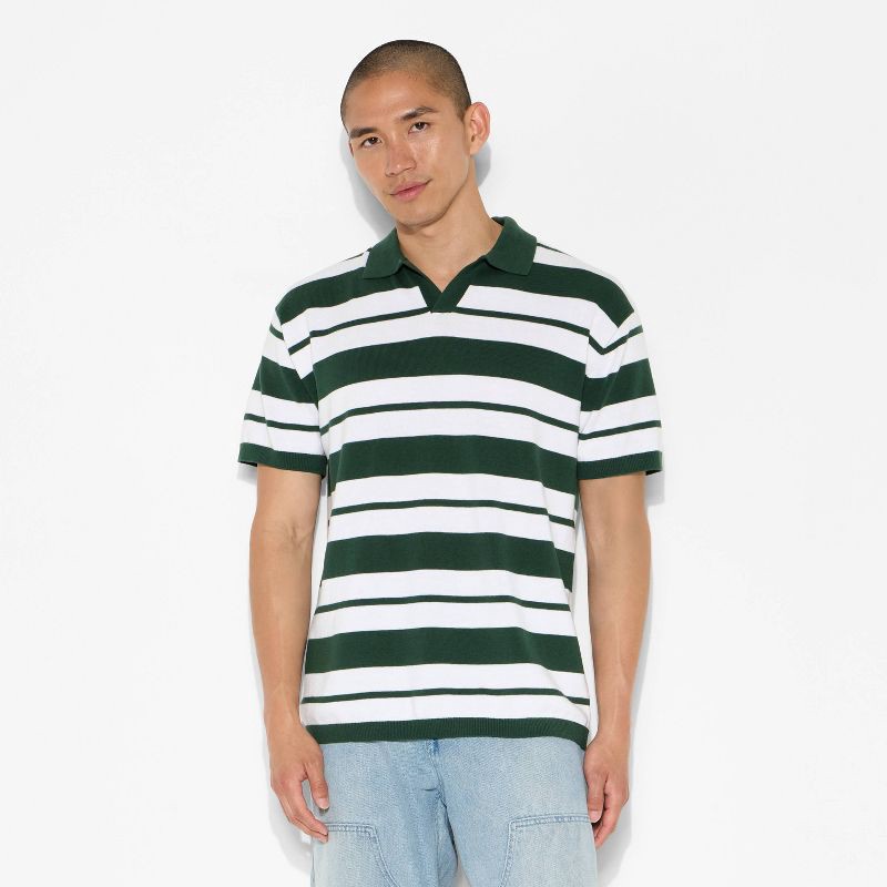 slide 2 of 3, Men's Short Sleeve Johnny Collar Sweater - Original Use™ Dark Olive Green Striped L, 1 ct