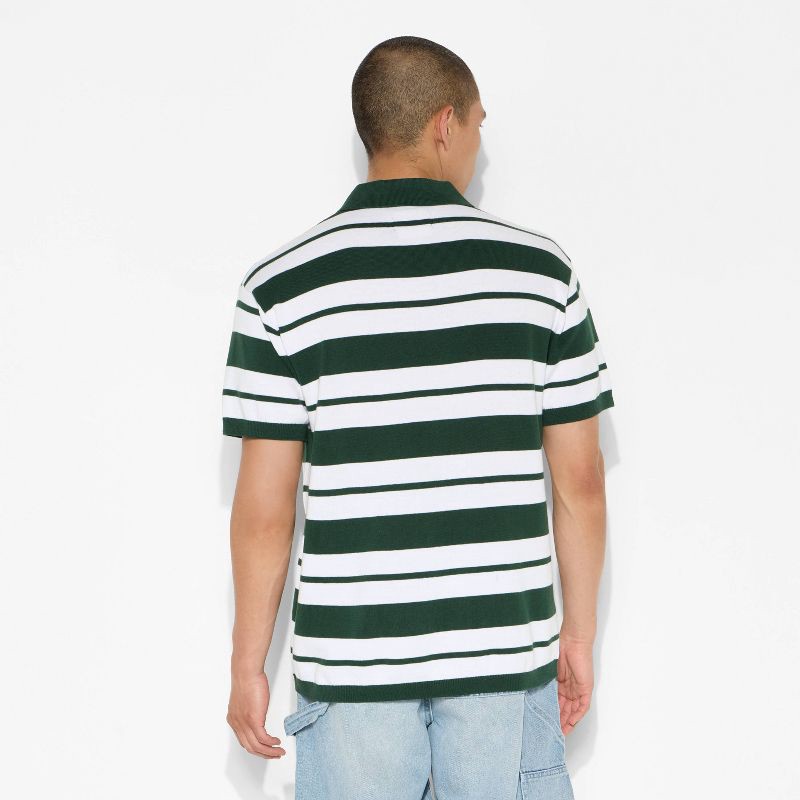 slide 3 of 3, Men's Short Sleeve Johnny Collar Sweater - Original Use™ Dark Olive Green Striped L, 1 ct