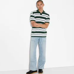 Men's Short Sleeve Johnny Collar Sweater - Original Use™ Dark Olive Green Striped XXL