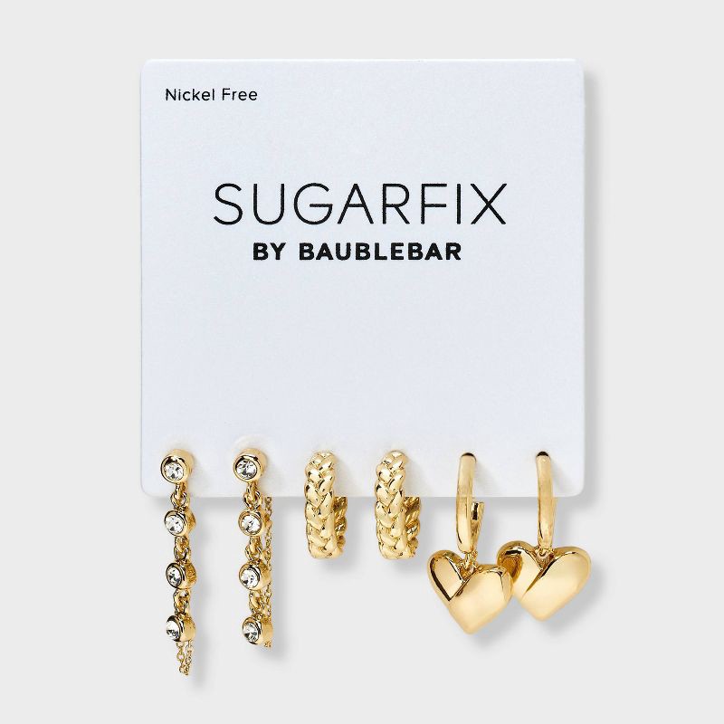 slide 2 of 3, SUGARFIX by BaubleBar Braided Heart Statement Earring Set 3pc - Gold, 3 ct