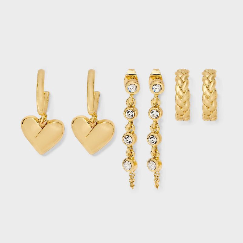 slide 1 of 3, SUGARFIX by BaubleBar Braided Heart Statement Earring Set 3pc - Gold, 3 ct