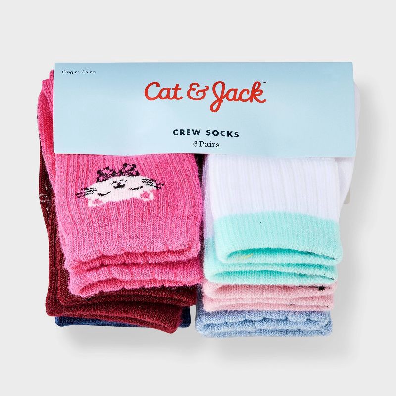 slide 2 of 3, Baby Girls' 6pk Cat & Dog Bow Crew Socks - Cat & Jack™ 12-24M, 6 ct
