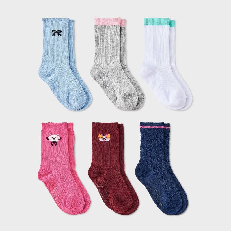 slide 1 of 3, Toddler Girls' 6pk Cat & Dog Bow Crew Socks - Cat & Jack™ 4T-5T, 6 ct